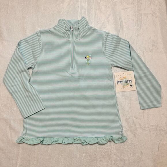 NWT Itsy Bitsy blue stripe quarter zip sweater with floral embroidery 5 - Picture 1 of 3